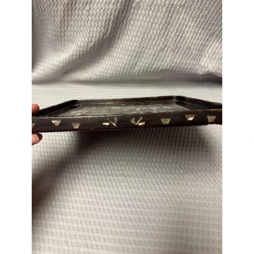 Antique Chinese Inlaid Mother of Pearl Wood Tray Tree People Figure 9.25 x 9.25
